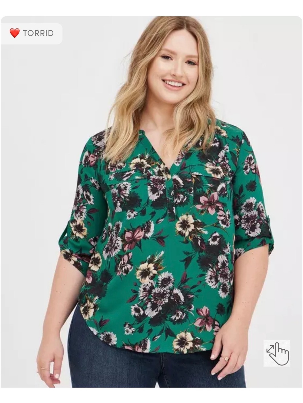 Torrid Harper Blouse Womens Size 3 3X Green Floral Georgette 3/4 Sleeve Tunic